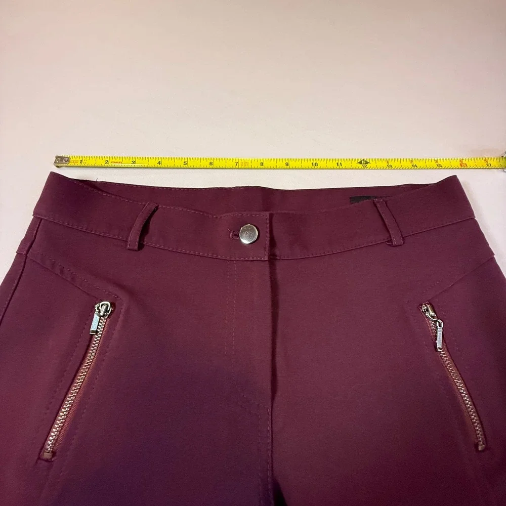 Esilla Women Plum Burgundy Crop Slim Fit Stretch Trousers Gold Zip Pockets Sz 6